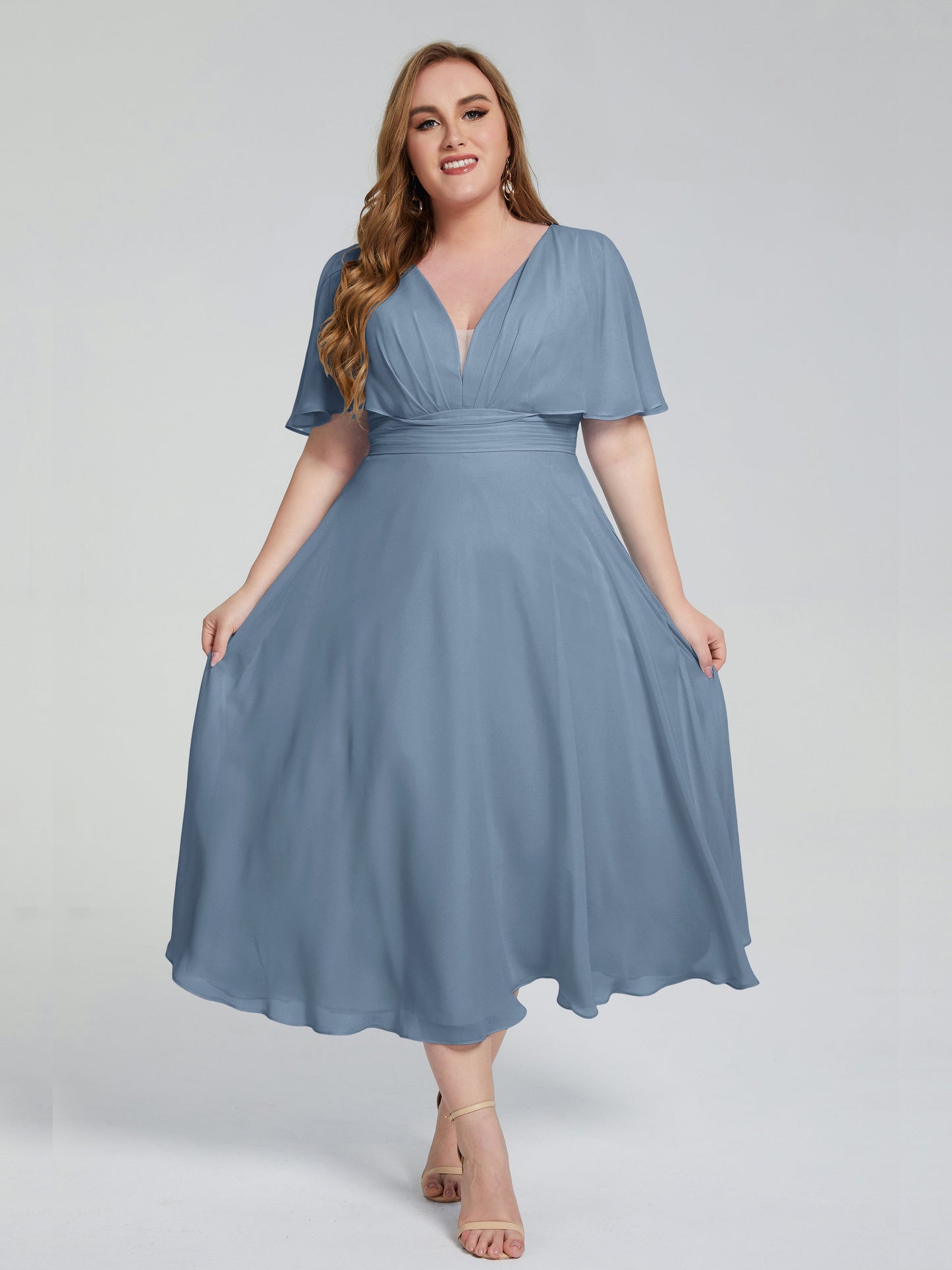 Lucia V-neck Plus Size Bridesmaid Dresses with Sleeves