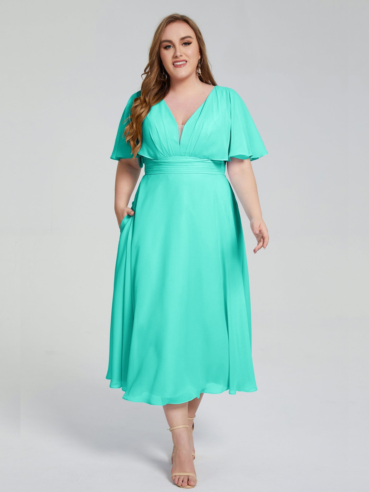 Lucia V-neck Plus Size Bridesmaid Dresses with Sleeves