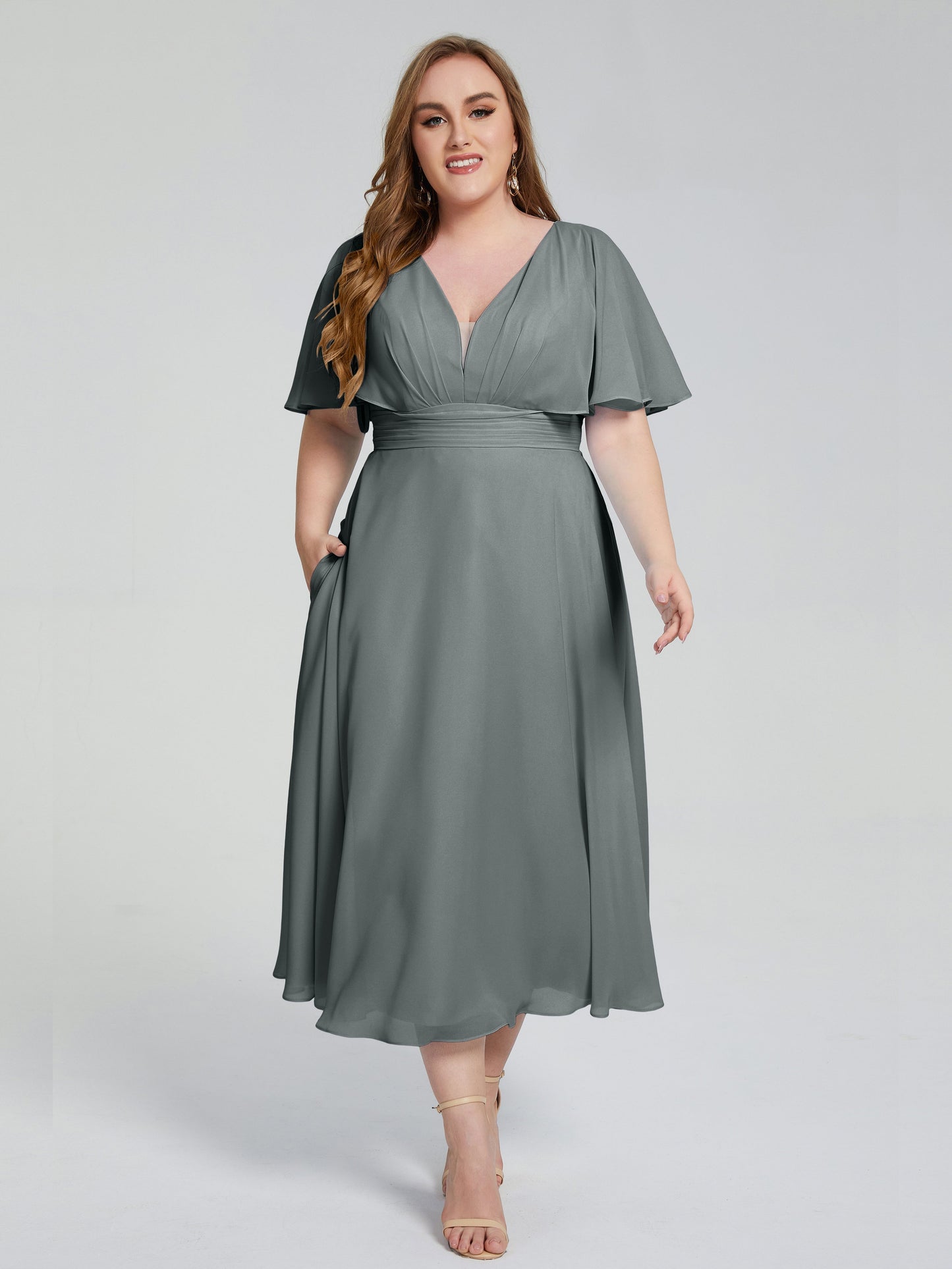 Lucia V-neck Plus Size Bridesmaid Dresses with Sleeves