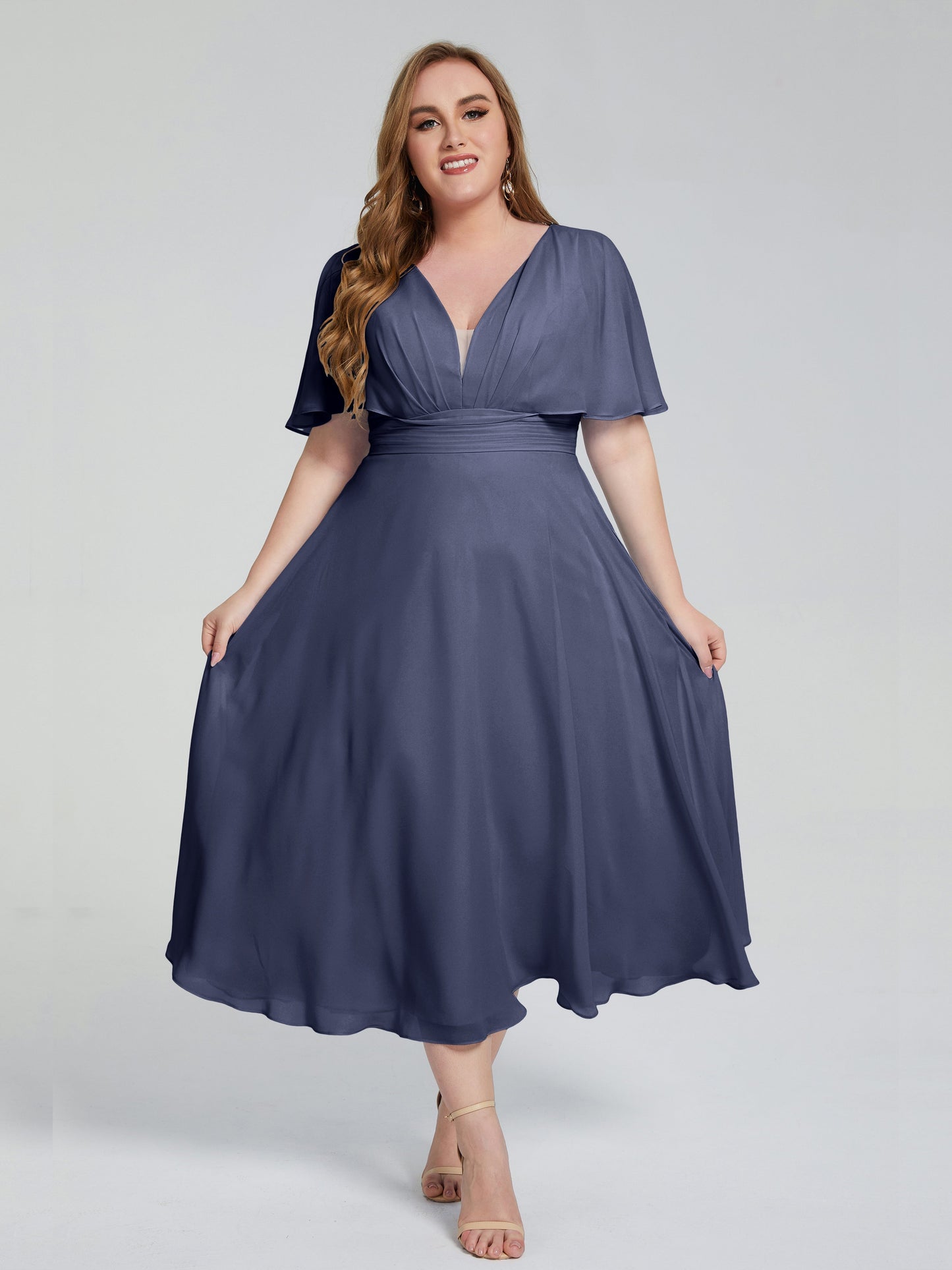 Lucia V-neck Plus Size Bridesmaid Dresses with Sleeves