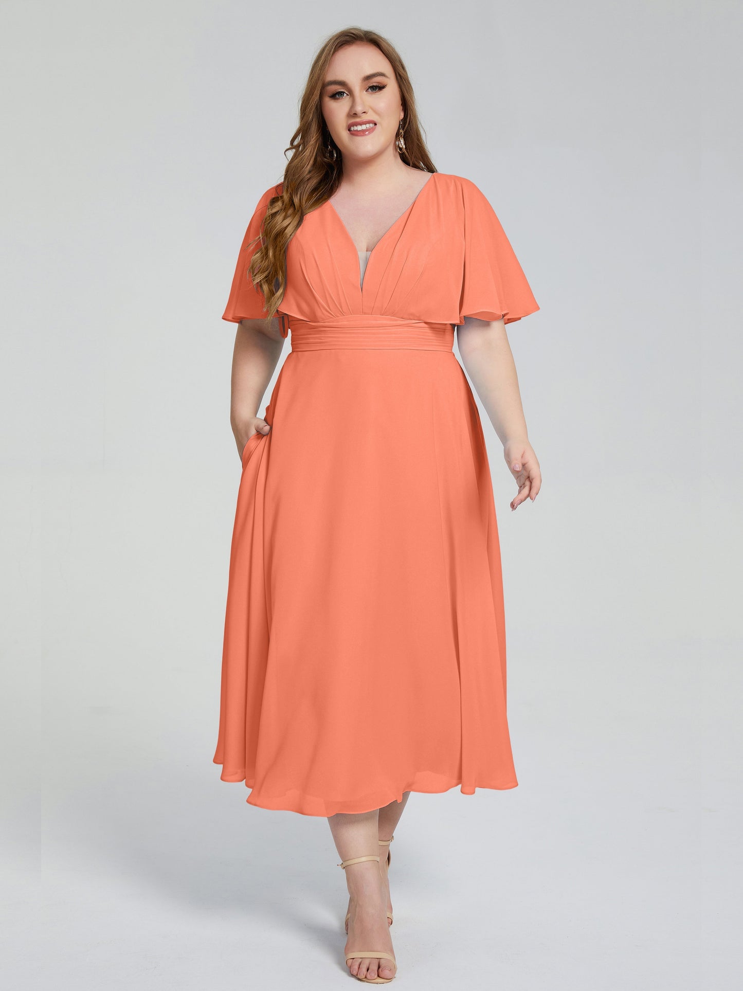 Lucia V-neck Plus Size Bridesmaid Dresses with Sleeves