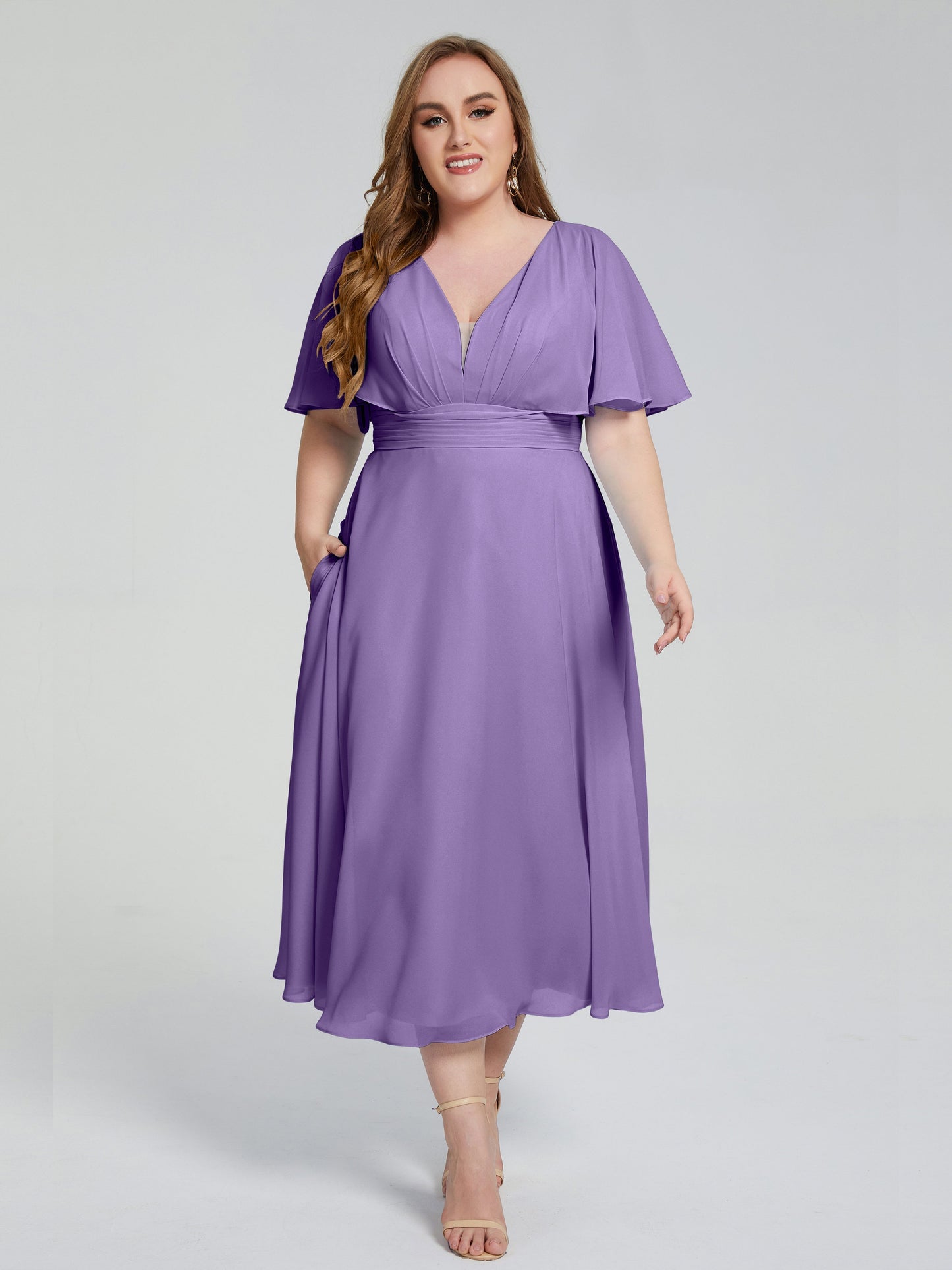 Lucia V-neck Plus Size Bridesmaid Dresses with Sleeves