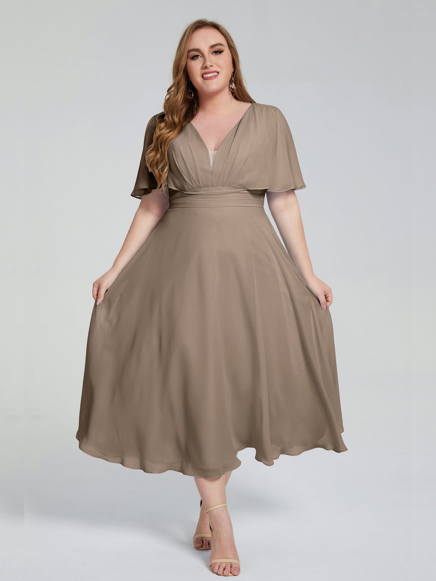 Lucia V-neck Plus Size Bridesmaid Dresses with Sleeves