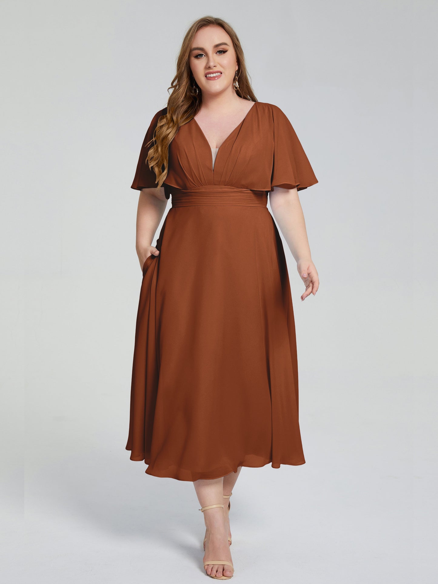Lucia V-neck Plus Size Bridesmaid Dresses with Sleeves