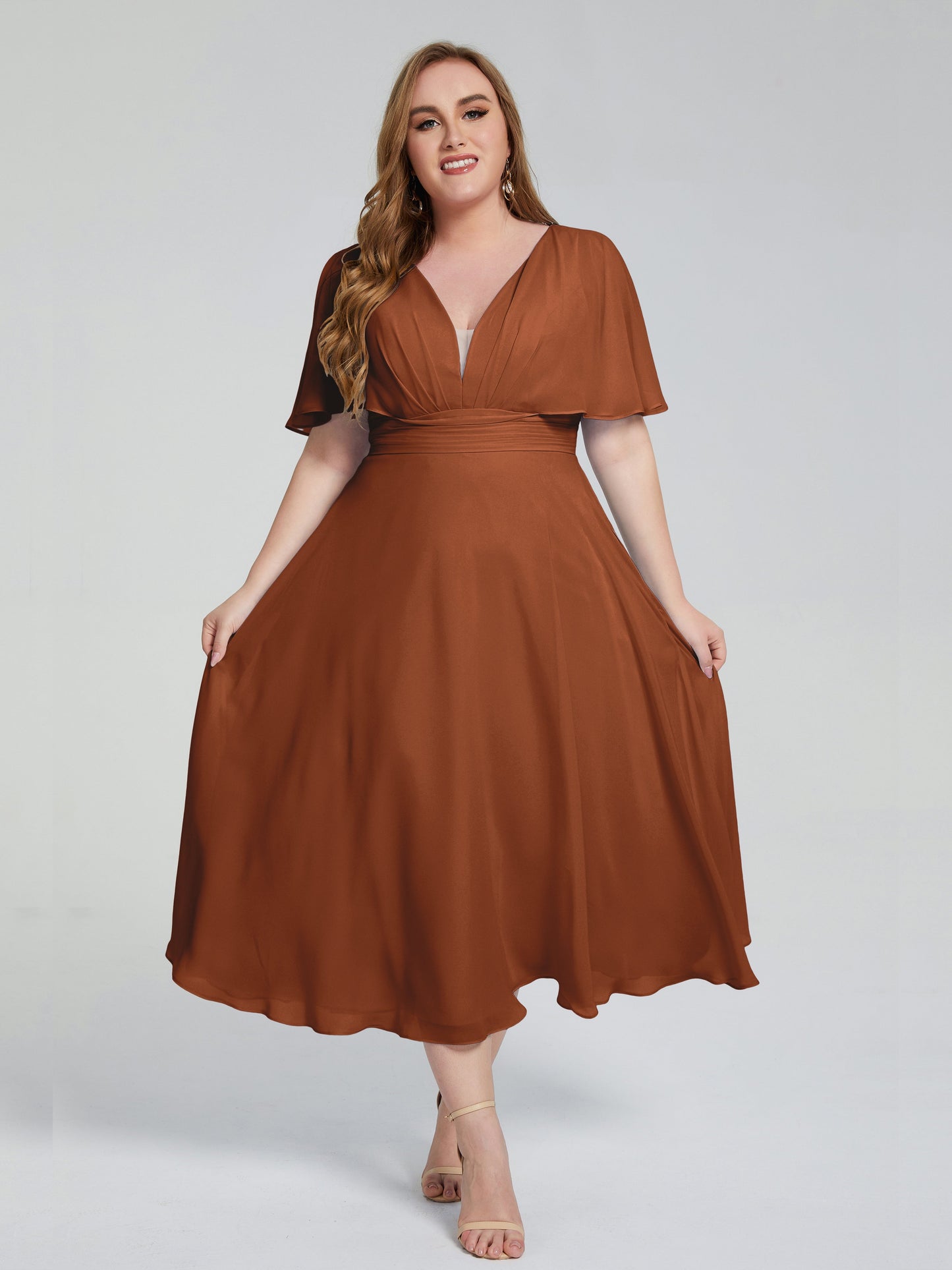 Lucia V-neck Plus Size Bridesmaid Dresses with Sleeves