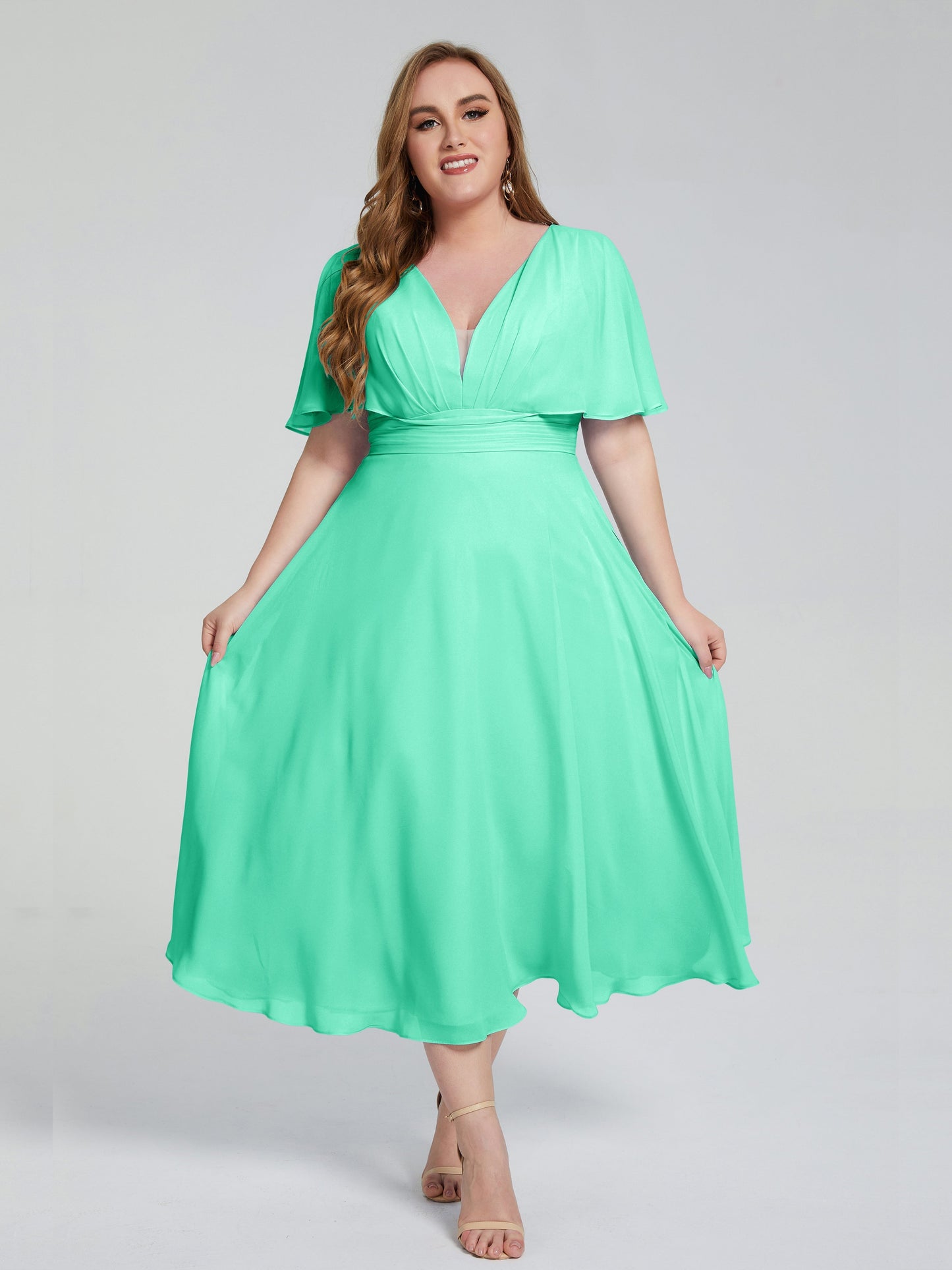 Lucia V-neck Plus Size Bridesmaid Dresses with Sleeves
