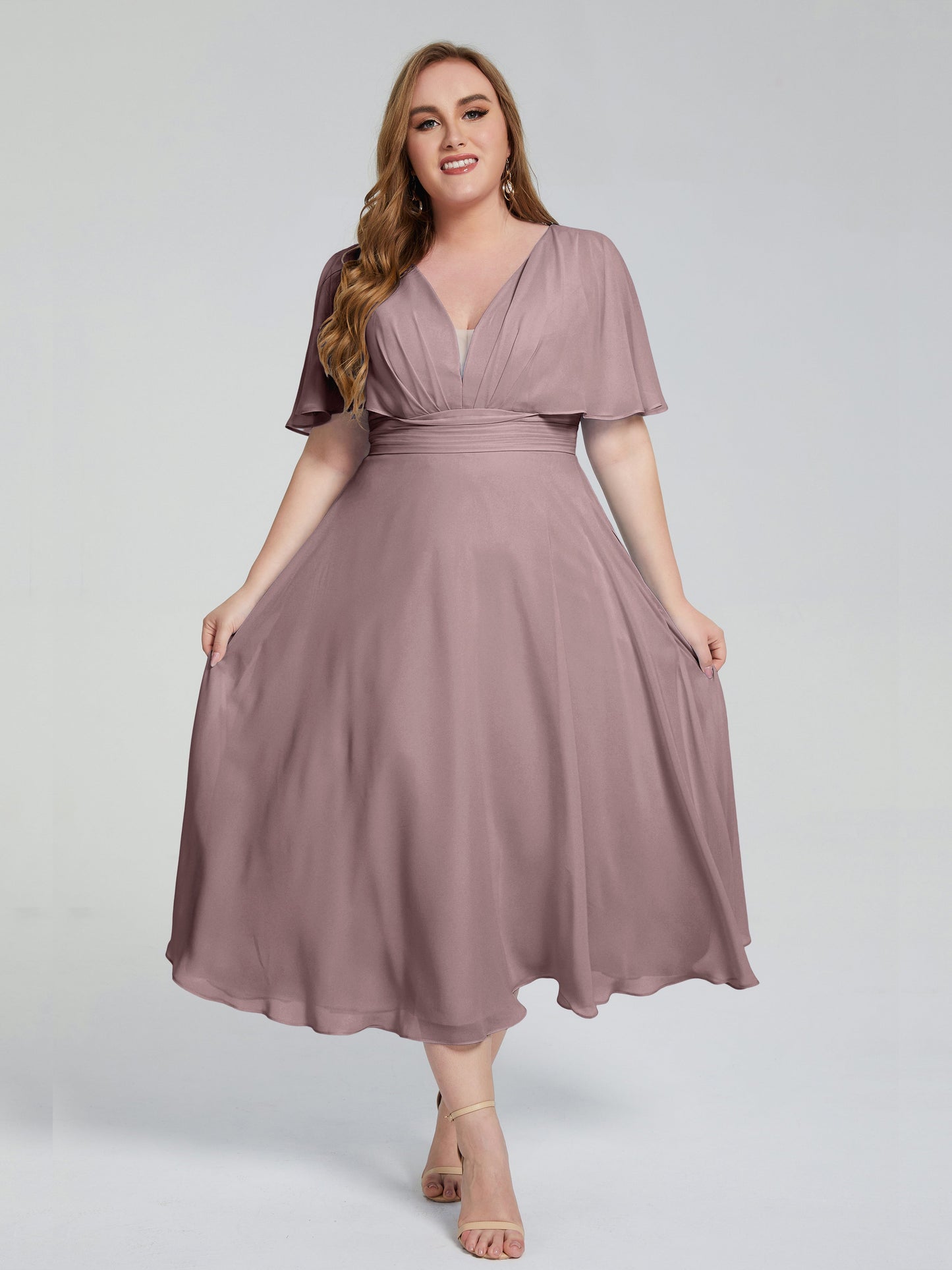Lucia V-neck Plus Size Bridesmaid Dresses with Sleeves