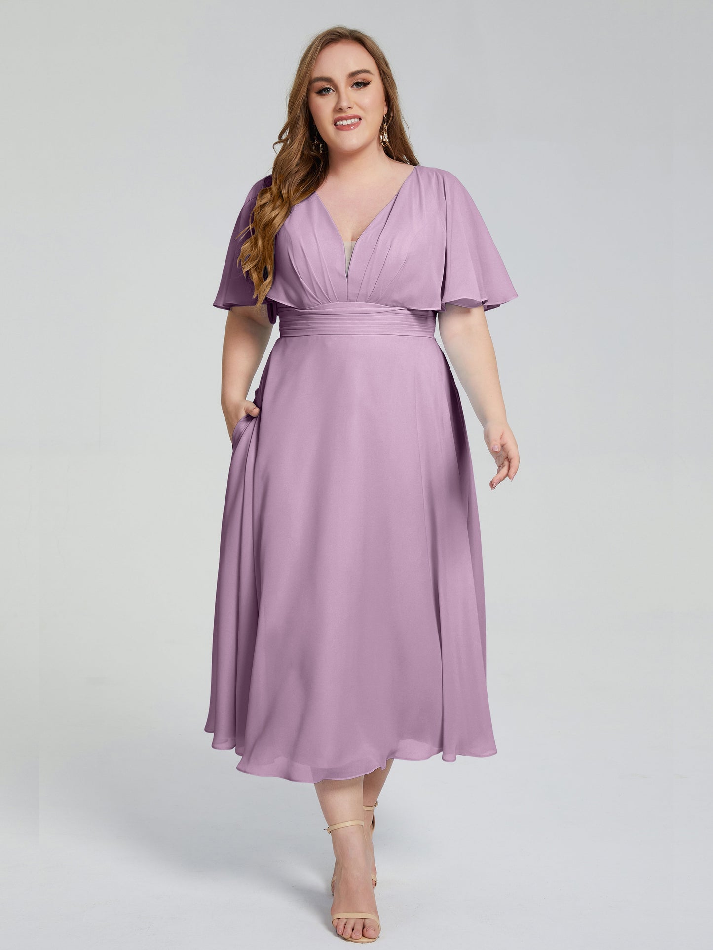 Lucia V-neck Plus Size Bridesmaid Dresses with Sleeves
