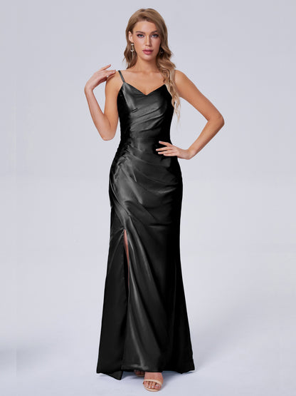 Makayla Simple Split Soft Satin Long Bridesmaid Dresses
