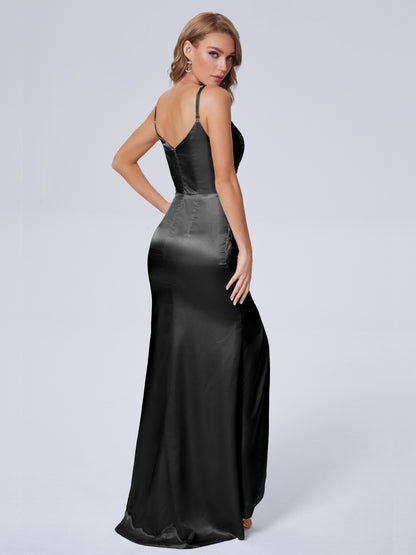Makayla Simple Split Soft Satin Long Bridesmaid Dresses