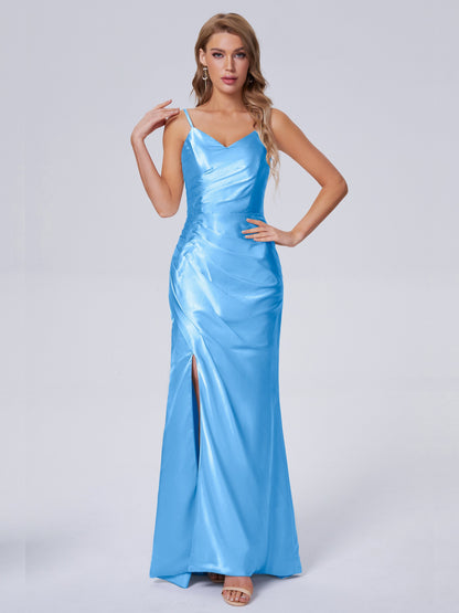 Makayla Simple Split Soft Satin Long Bridesmaid Dresses