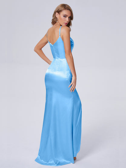 Makayla Simple Split Soft Satin Long Bridesmaid Dresses