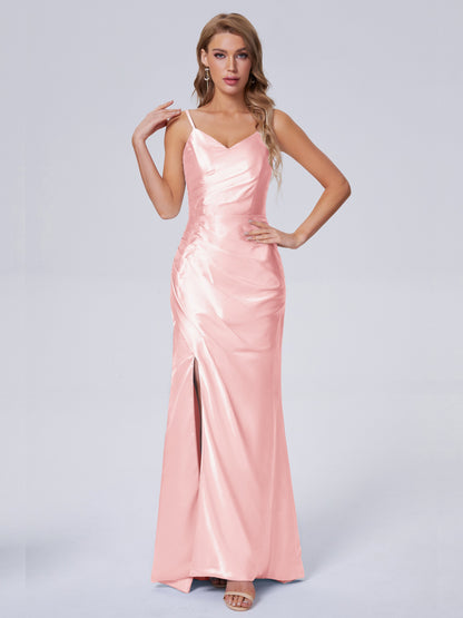 Makayla Simple Split Soft Satin Long Bridesmaid Dresses