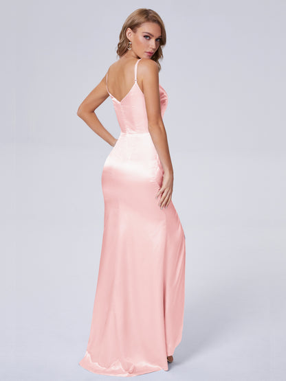 Makayla Simple Split Soft Satin Long Bridesmaid Dresses