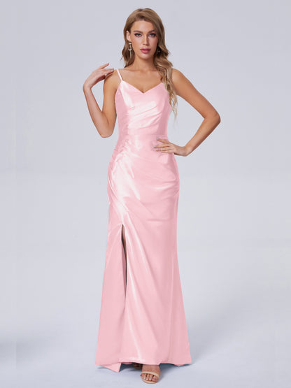 Makayla Simple Split Soft Satin Long Bridesmaid Dresses