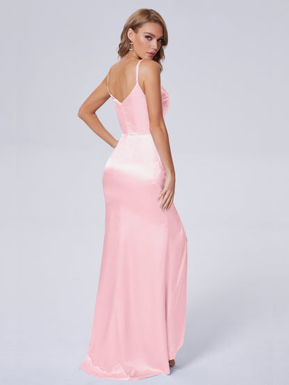 Makayla Simple Split Soft Satin Long Bridesmaid Dresses