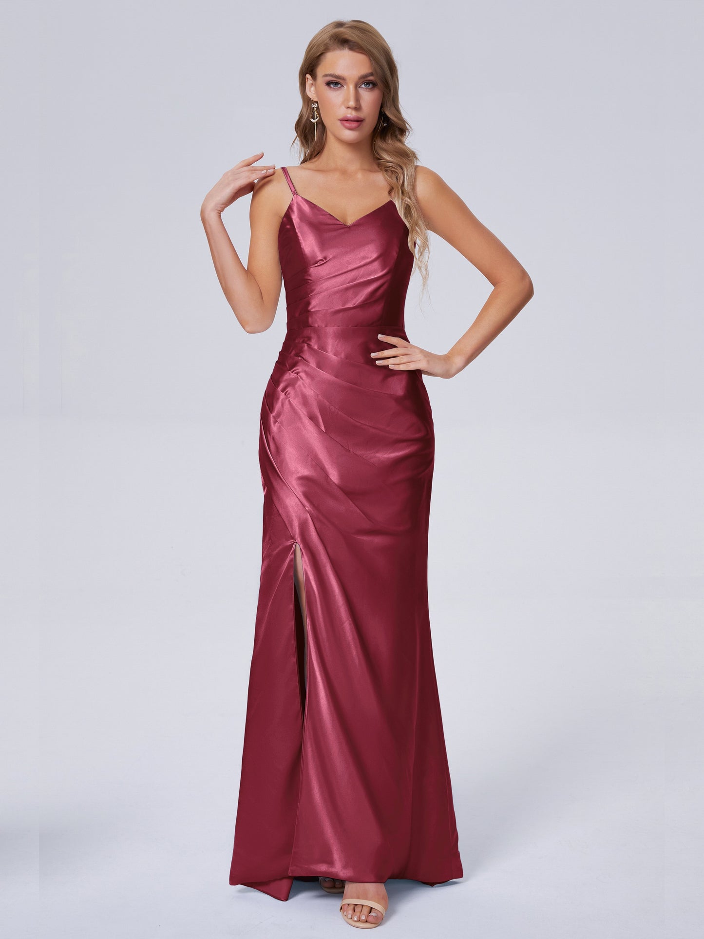 Makayla Simple Split Soft Satin Long Bridesmaid Dresses