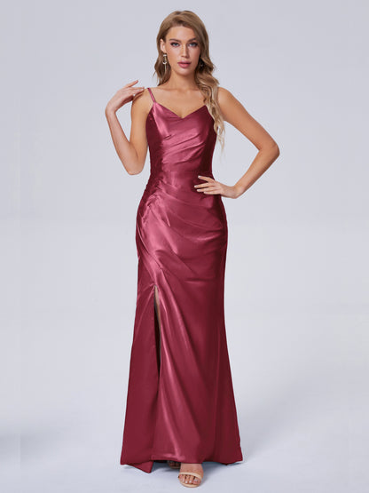 Makayla Simple Split Soft Satin Long Bridesmaid Dresses