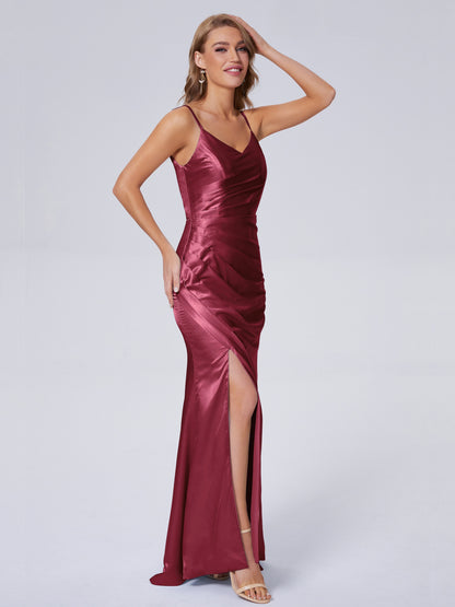 Makayla Simple Split Soft Satin Long Bridesmaid Dresses