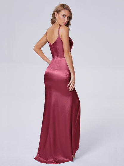 Makayla Simple Split Soft Satin Long Bridesmaid Dresses