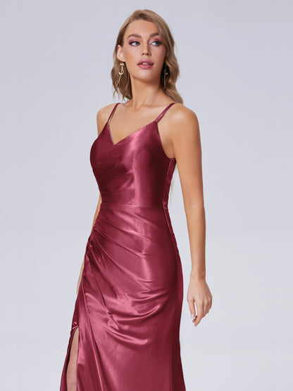 Makayla Simple Split Soft Satin Long Bridesmaid Dresses