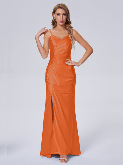 Makayla Simple Split Soft Satin Long Bridesmaid Dresses