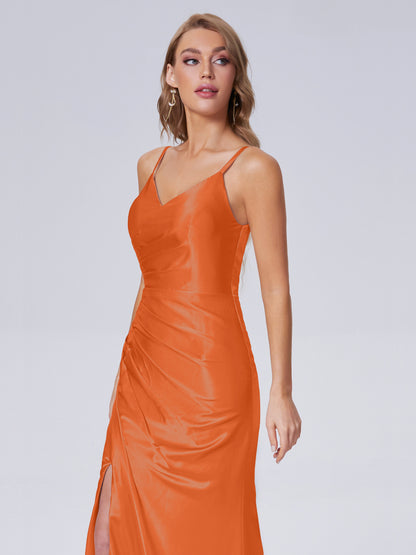 Makayla Simple Split Soft Satin Long Bridesmaid Dresses