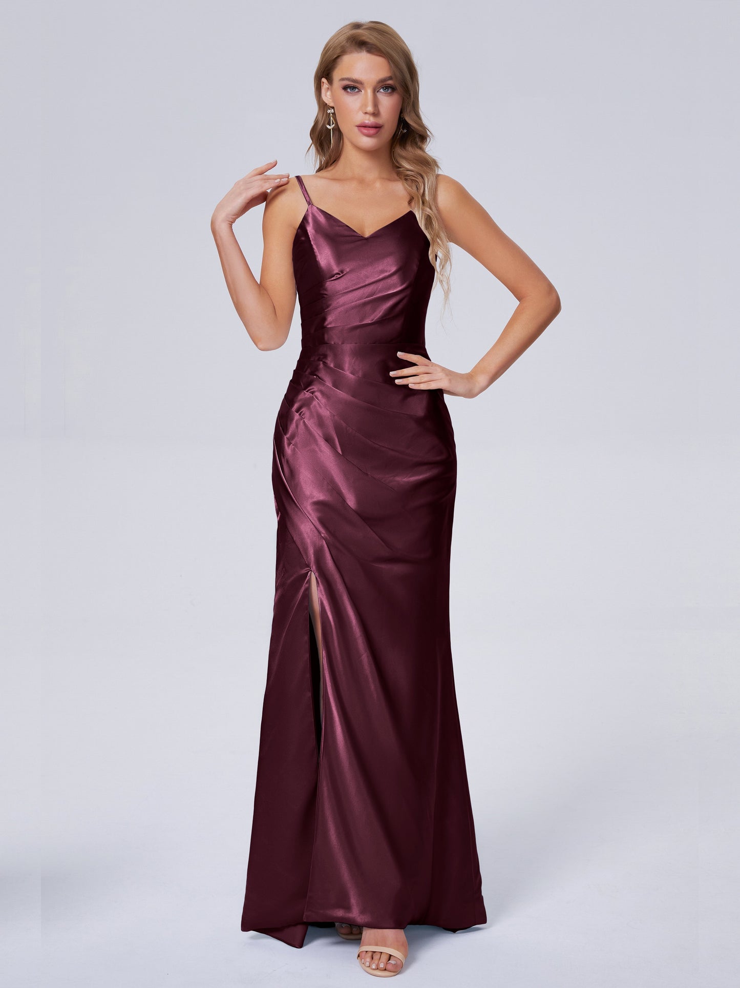 Makayla Simple Split Soft Satin Long Bridesmaid Dresses