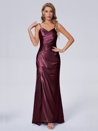 Makayla Simple Split Soft Satin Long Bridesmaid Dresses