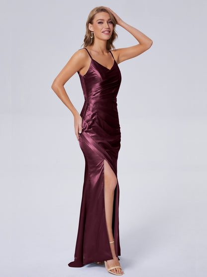 Makayla Simple Split Soft Satin Long Bridesmaid Dresses