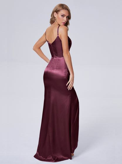Makayla Simple Split Soft Satin Long Bridesmaid Dresses