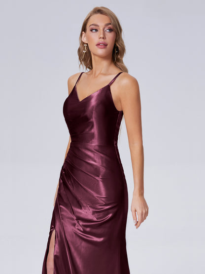 Makayla Simple Split Soft Satin Long Bridesmaid Dresses