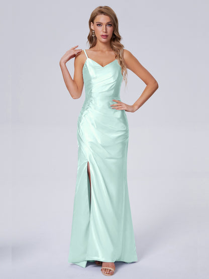 Makayla Simple Split Soft Satin Long Bridesmaid Dresses