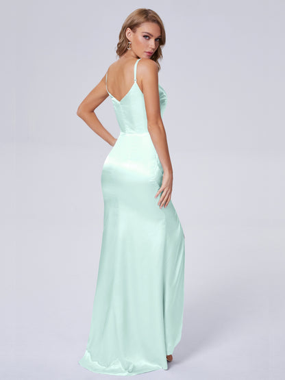 Makayla Simple Split Soft Satin Long Bridesmaid Dresses