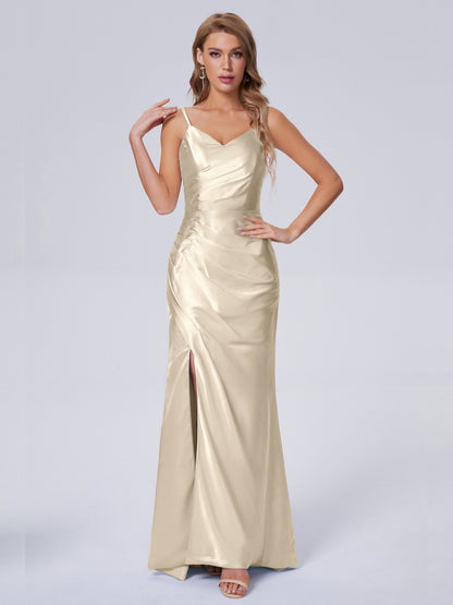Makayla Simple Split Soft Satin Long Bridesmaid Dresses