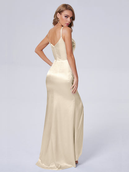 Makayla Simple Split Soft Satin Long Bridesmaid Dresses