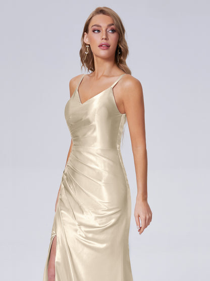 Makayla Simple Split Soft Satin Long Bridesmaid Dresses