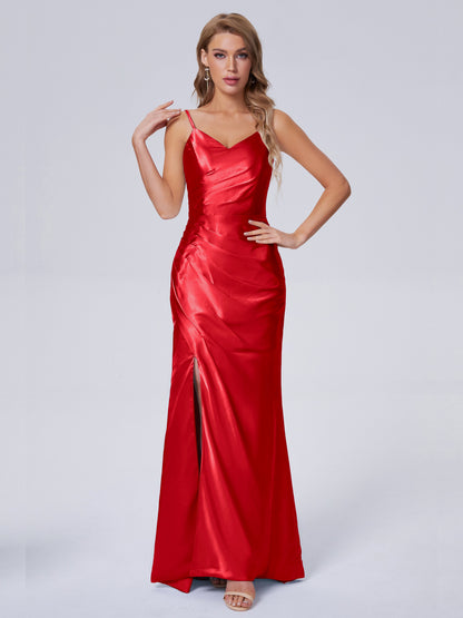 Makayla Simple Split Soft Satin Long Bridesmaid Dresses