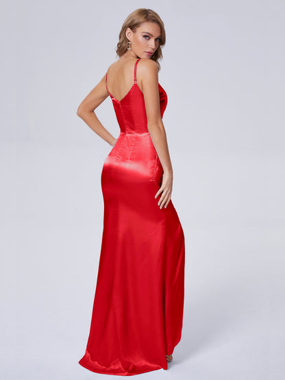 Makayla Simple Split Soft Satin Long Bridesmaid Dresses