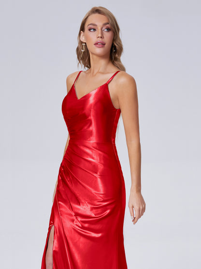 Makayla Simple Split Soft Satin Long Bridesmaid Dresses