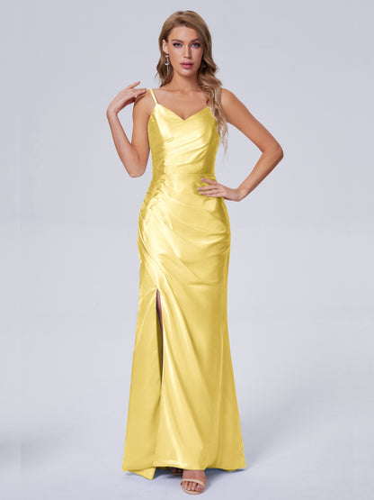 Makayla Simple Split Soft Satin Long Bridesmaid Dresses