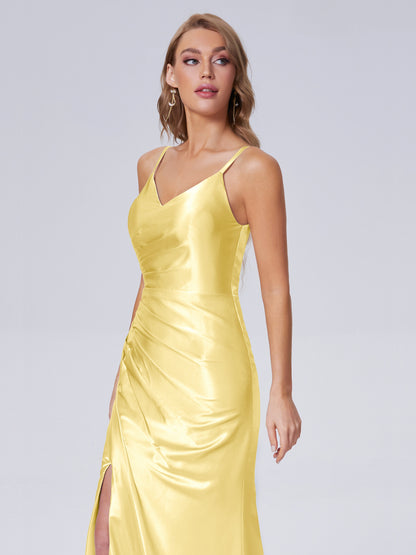 Makayla Simple Split Soft Satin Long Bridesmaid Dresses