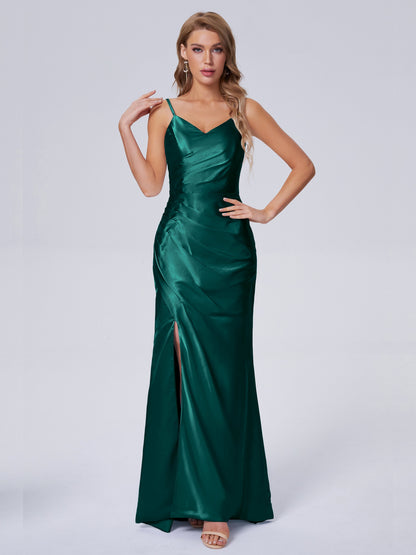 Makayla Simple Split Soft Satin Long Bridesmaid Dresses