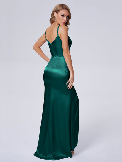 Makayla Simple Split Soft Satin Long Bridesmaid Dresses
