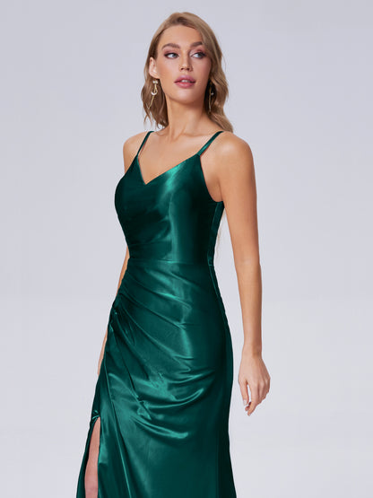 Makayla Simple Split Soft Satin Long Bridesmaid Dresses