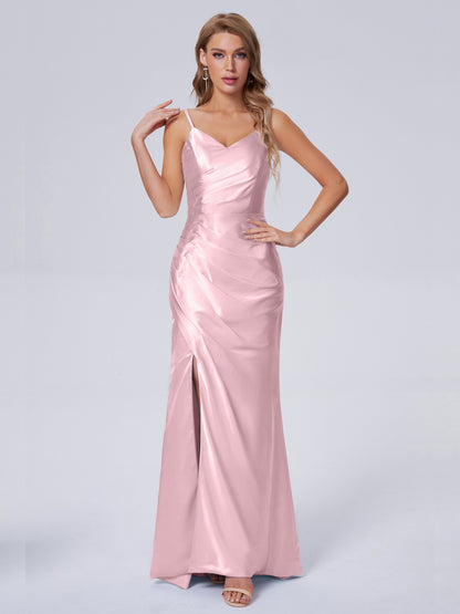 Makayla Simple Split Soft Satin Long Bridesmaid Dresses