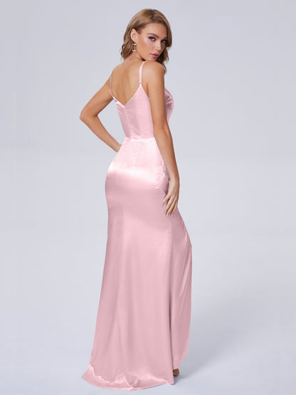 Makayla Simple Split Soft Satin Long Bridesmaid Dresses