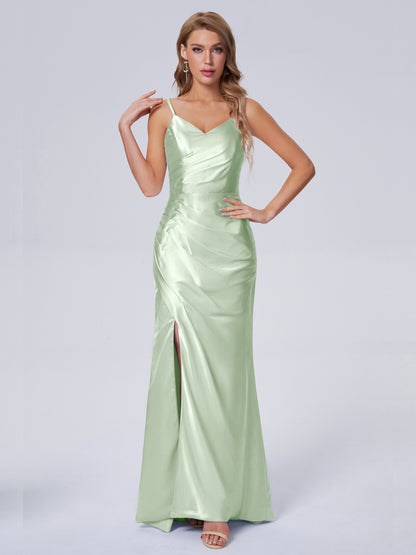 Makayla Simple Split Soft Satin Long Bridesmaid Dresses