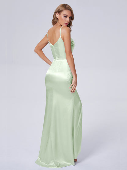 Makayla Simple Split Soft Satin Long Bridesmaid Dresses