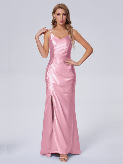 Makayla Simple Split Soft Satin Long Bridesmaid Dresses